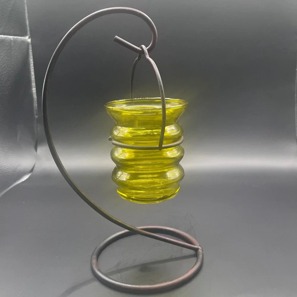 Vintage Green Ribbed Glass Hanging Votive‎ Candle Holder with Metal Stand 9 Inch